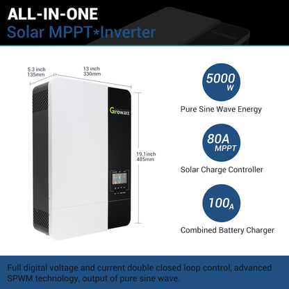 Growatt  MPPT 5KW 48V Off Grid Solar Panel Inverter With 15kwh Battery  and 5kw Panels