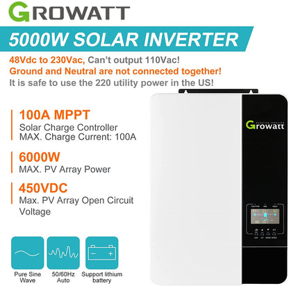 Growatt  MPPT 5KW 48V Off Grid Solar Panel Inverter With 15kwh Battery  and 5kw Panels